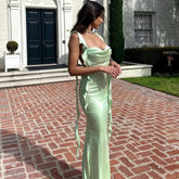 Ribbon Backless Split Maxi Dress Green / S