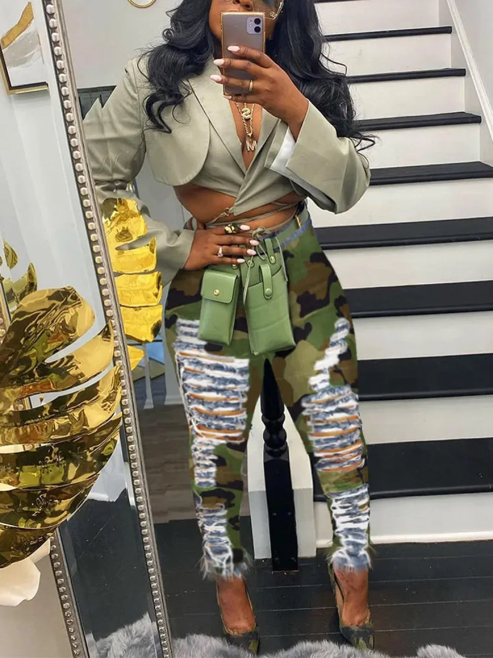 Ripped Camouflage Printed Jeans Camouflage / S Jeans