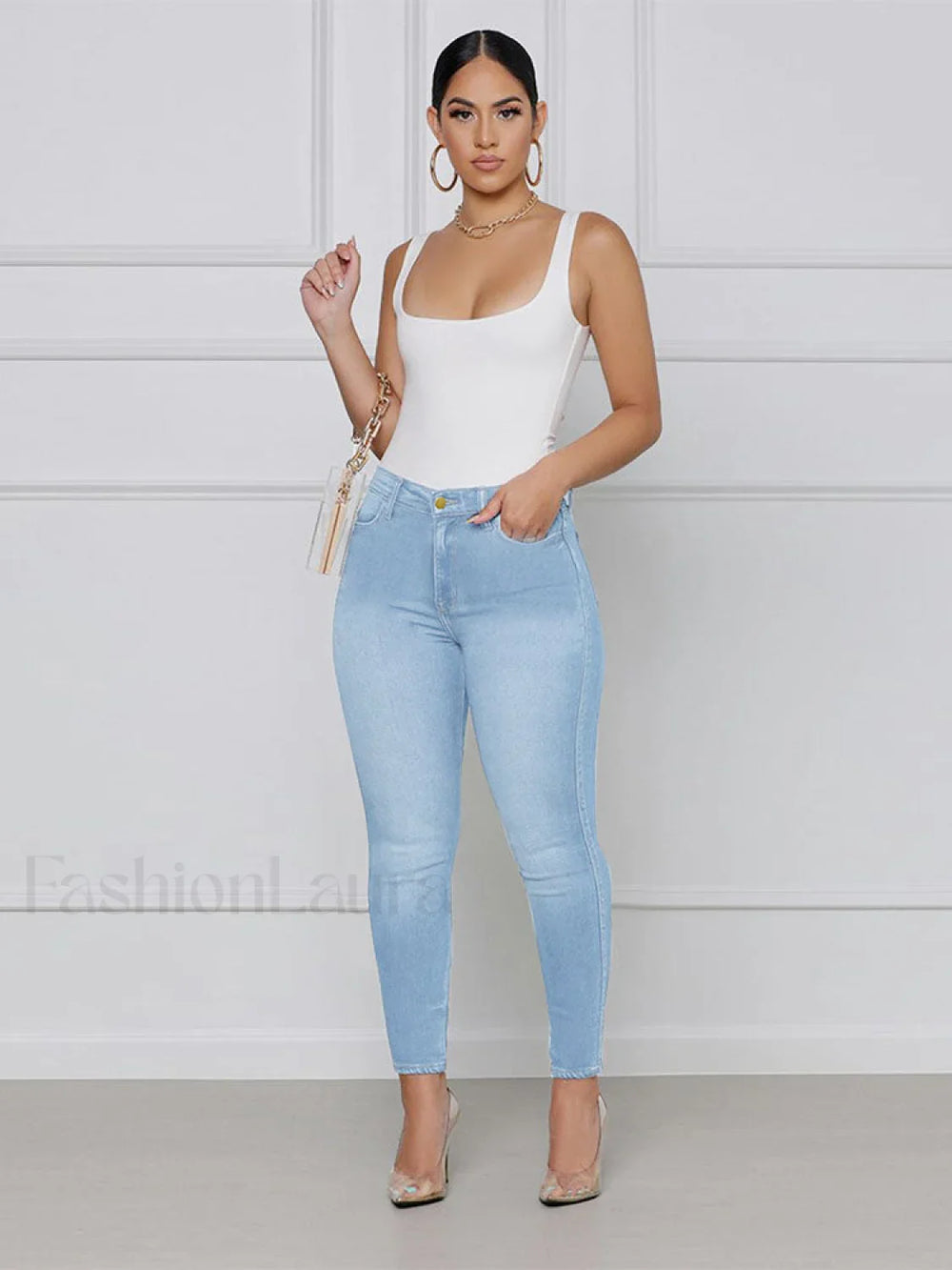 Ripped High Waist Skinny Jeans Light Blue / XL Jeans