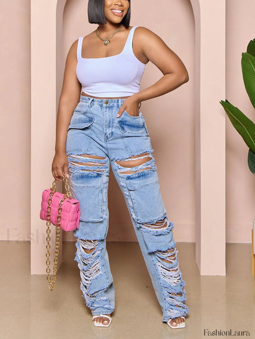 Ripped Pocket High Waist Jeans Blue / S Jeans
