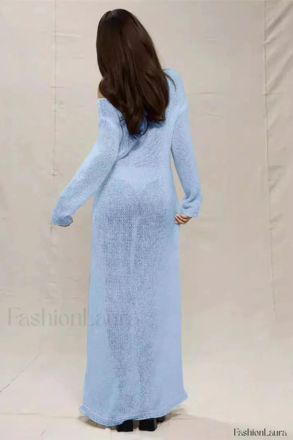 Round Neck Off Shoulder Hollow Knitted Bodycon Maxi Dress