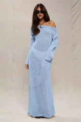 Round Neck Off Shoulder Hollow Knitted Bodycon Maxi Dress Blue / S