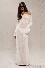 Round Neck Off Shoulder Hollow Knitted Bodycon Maxi Dress White / S