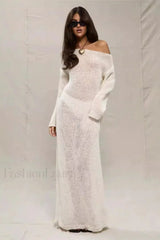 Round Neck Off Shoulder Hollow Knitted Bodycon Maxi Dress White / S