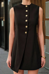 Round Neck Tie Metal Button Work Dress