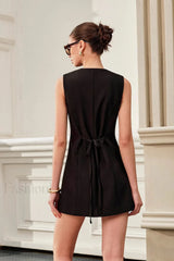 Round Neck Tie Metal Button Work Dress