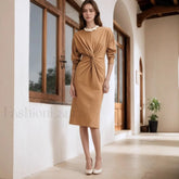 Round Neck Waist Twist Slim Fit Midi Maxi Dress Khaki / S