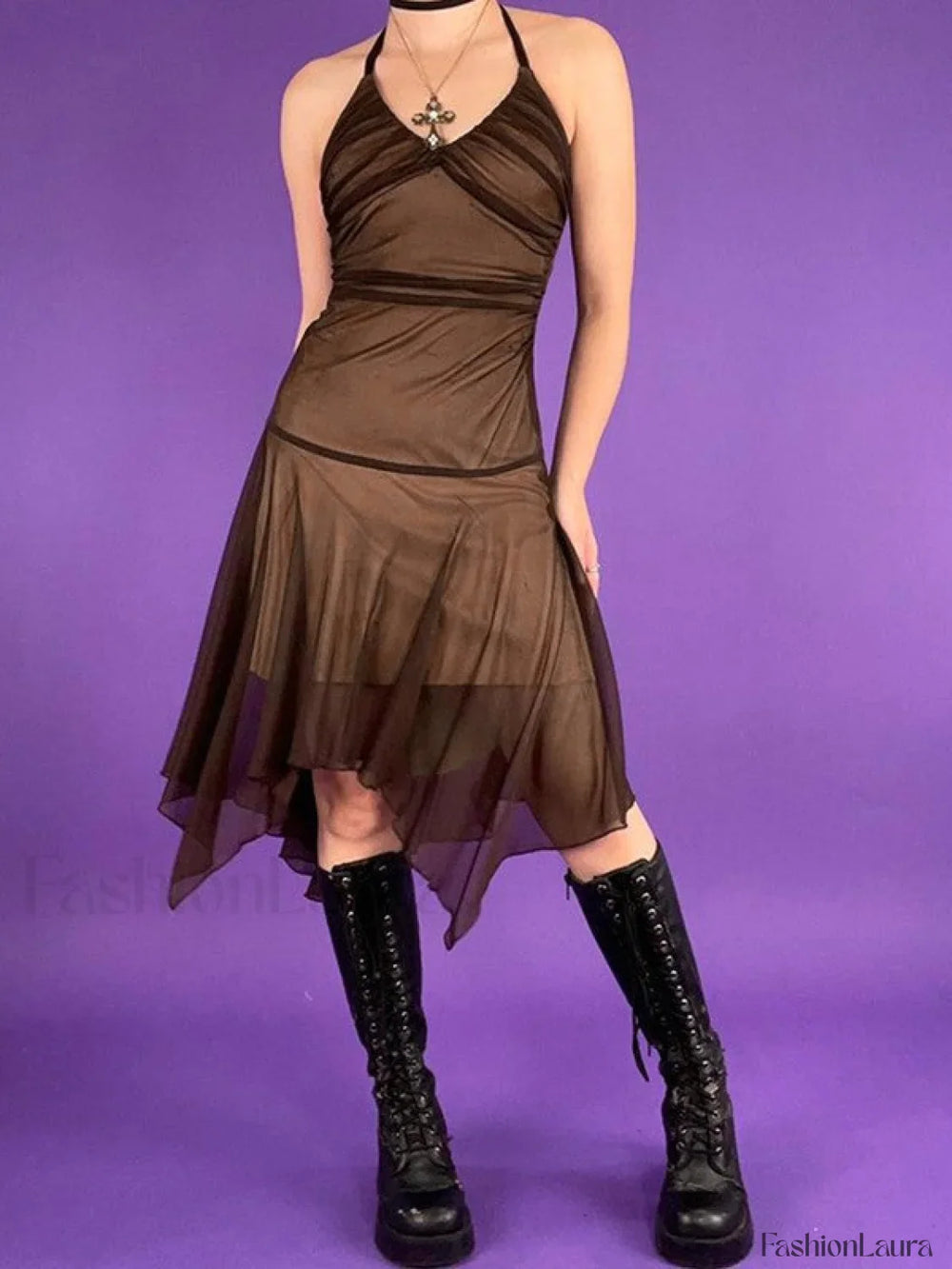 Ruched Asymmetric Halter Mini Dress Brown / S Mini Dresses