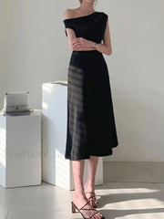 Ruched Boat Neck Party Midi Dress Black / S Midi Dresses