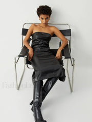 Ruched Faux Leather Trendy Tube Midi Dress Dresses