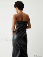 Ruched Faux Leather Trendy Tube Midi Dress Dresses