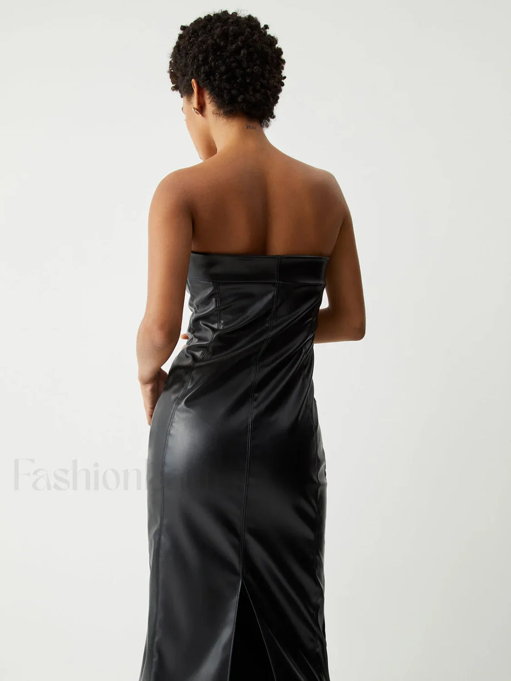 Ruched Faux Leather Trendy Tube Midi Dress Dresses