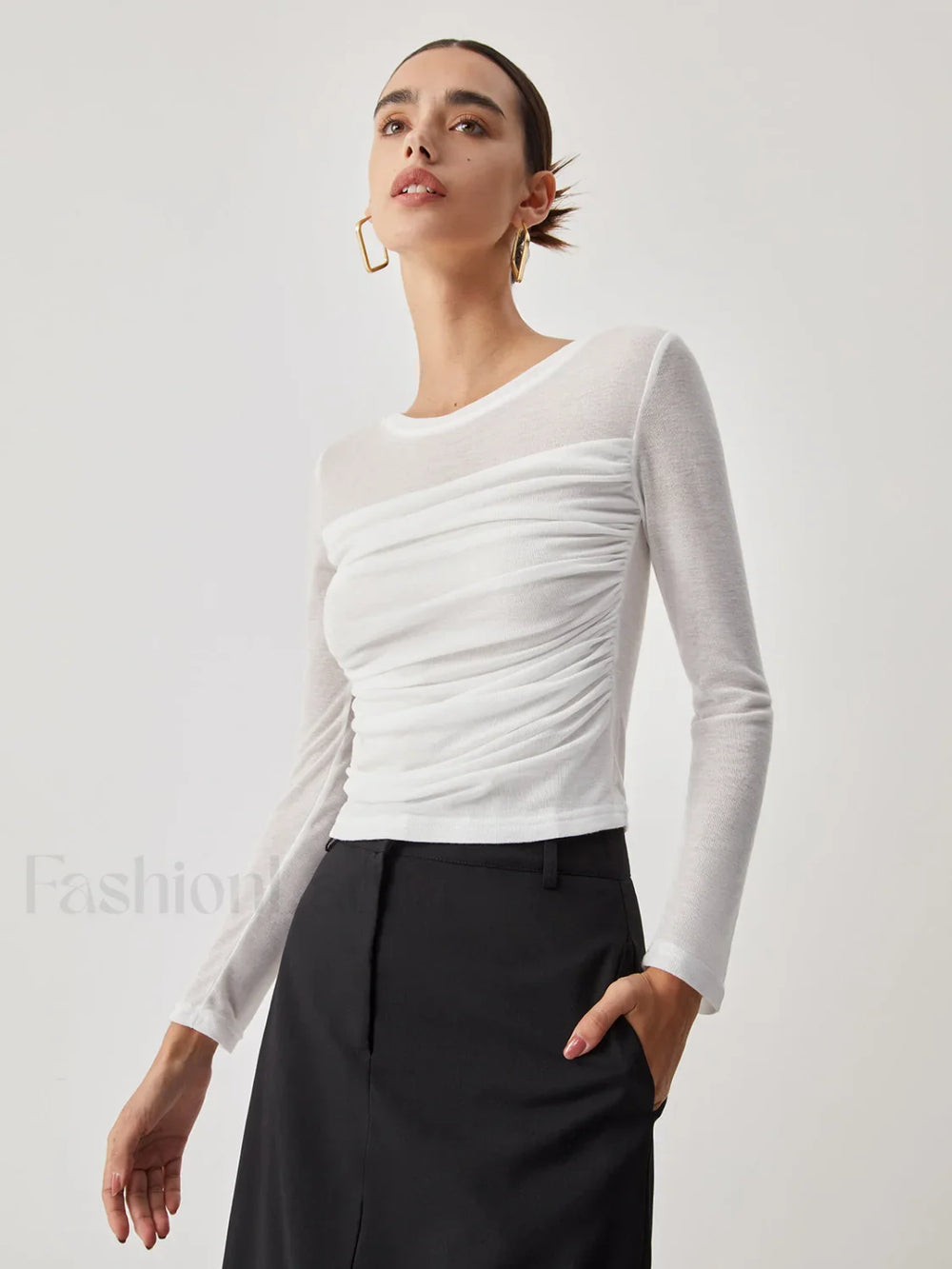 Ruched Semi Sheer Graceful Long Sleeve Shirt Off White / S T Shirts