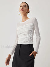 Ruched Semi Sheer Graceful Long Sleeve Shirt Off White / S T Shirts