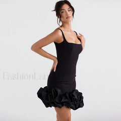 Ruffle Hem Square Neck Sleeveless Bodycon Party Mini Dress Black M / Black Party Dresses L