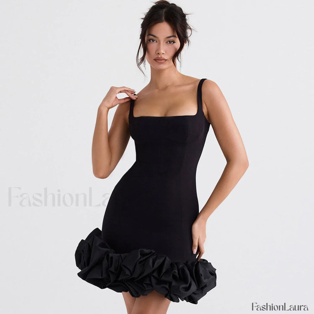 Ruffle Hem Square Neck Sleeveless Bodycon Party Mini Dress Black S / Black Party Dresses L