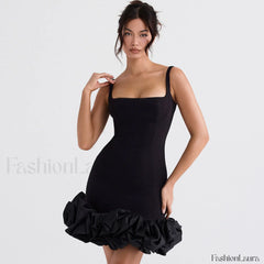 Ruffle Hem Square Neck Sleeveless Bodycon Party Mini Dress Black S / Black Party Dresses L