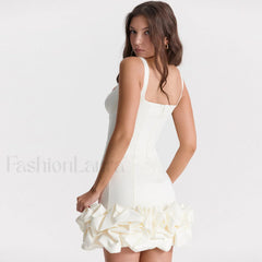 Ruffle Hem Square Neck Sleeveless Bodycon Party Mini Dress White L / White Party Dresses L