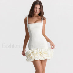 Ruffle Hem Square Neck Sleeveless Bodycon Party Mini Dress White S / White Party Dresses L
