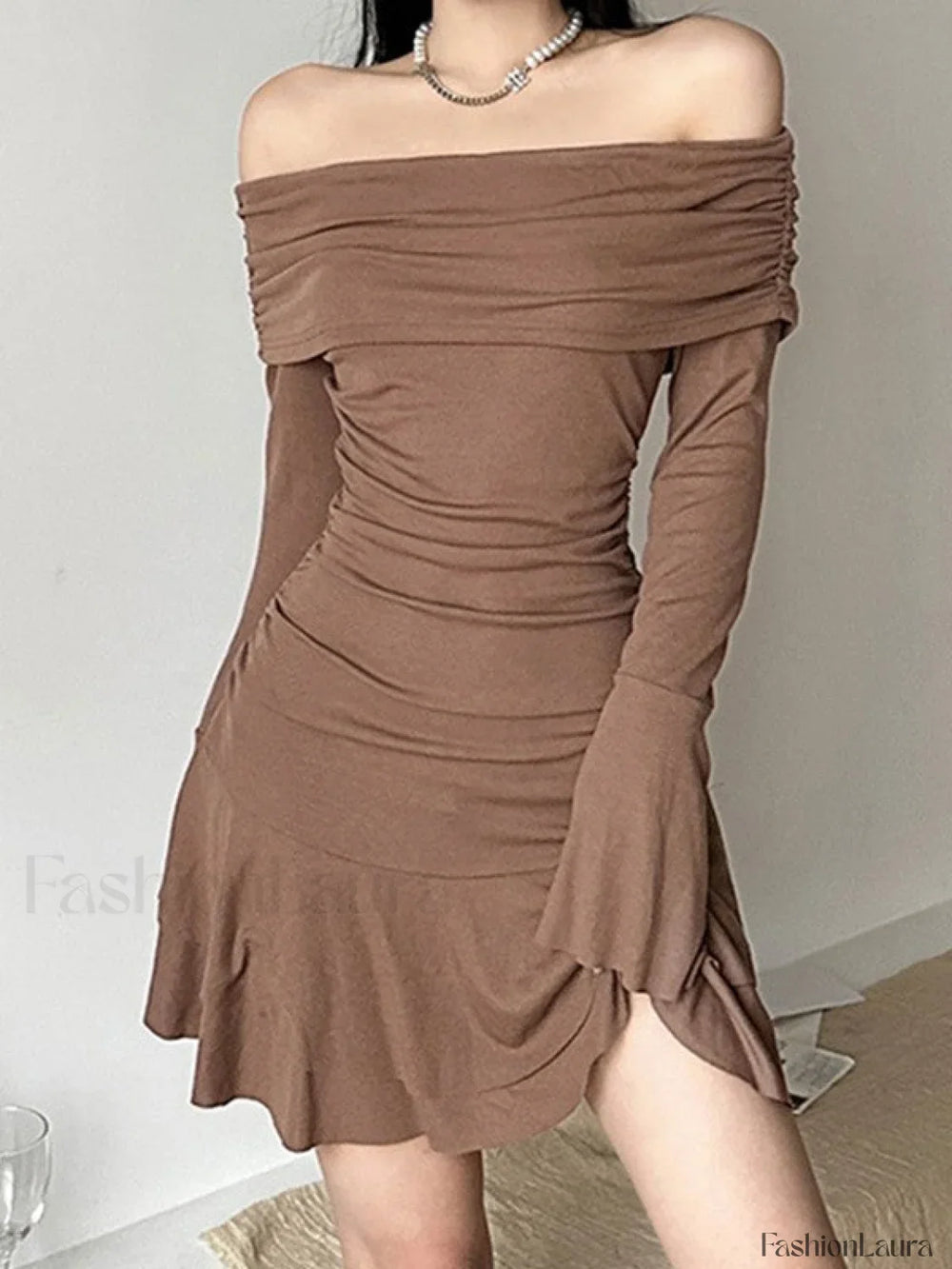 Ruffle Off Shoulder Ribbed Mini Dress Brown / S Mini Dresses