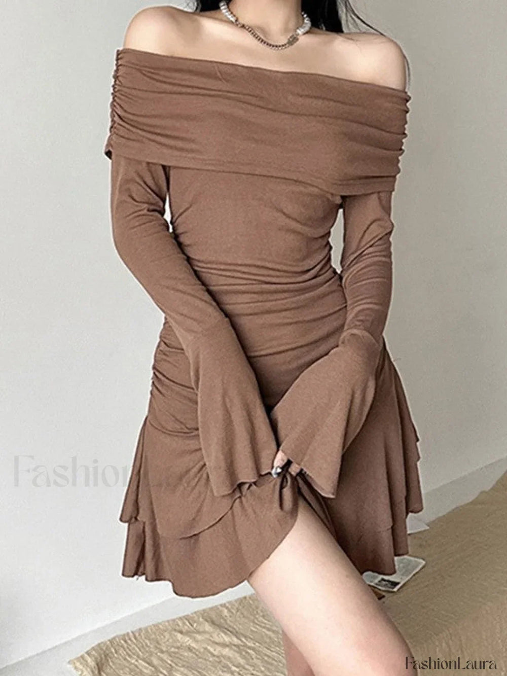 Ruffle Off Shoulder Ribbed Mini Dress Mini Dresses