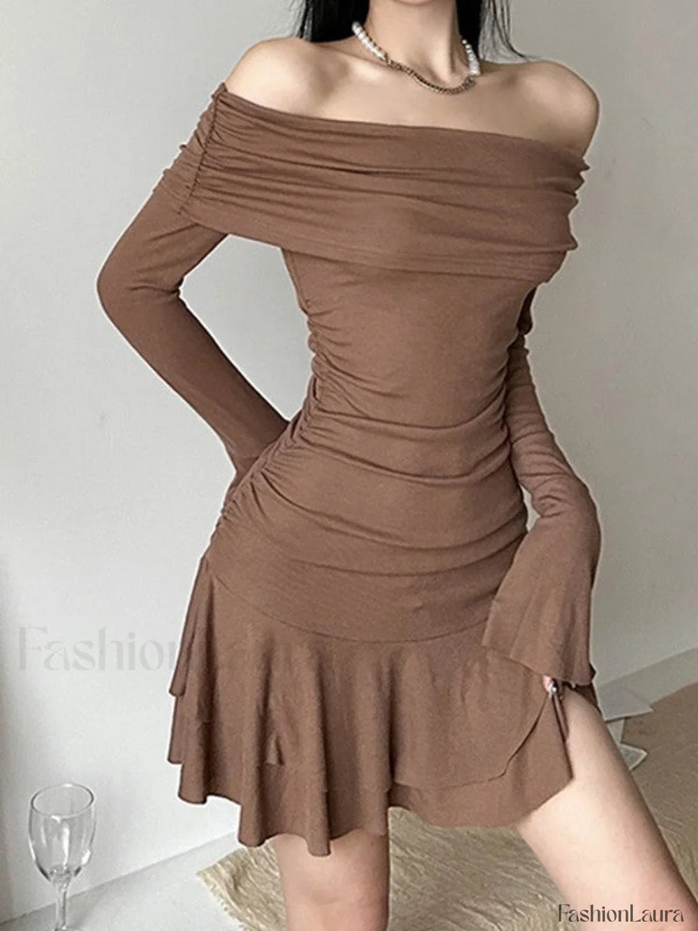 Ruffle Off Shoulder Ribbed Mini Dress Mini Dresses