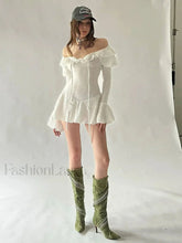 Ruffle Slash Neck Ribbon Mini Dress