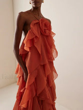 Ruffled Flower Chiffon Maxi Dress ORANGE / S