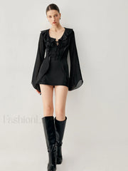 Ruffled Long Sleeve Trendy Tie Patchwork Short Dress Black / S Dresses