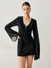 Ruffled Long Sleeve Trendy Tie Patchwork Short Dress Dresses
