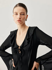 Ruffled Long Sleeve Trendy Tie Patchwork Short Dress Dresses