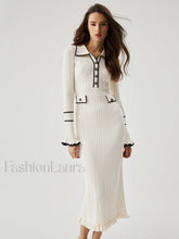 Ruffled Trim Contrast Binding Modern Button up Collar Midi Sweater Dress Off White / XS Sweaters L