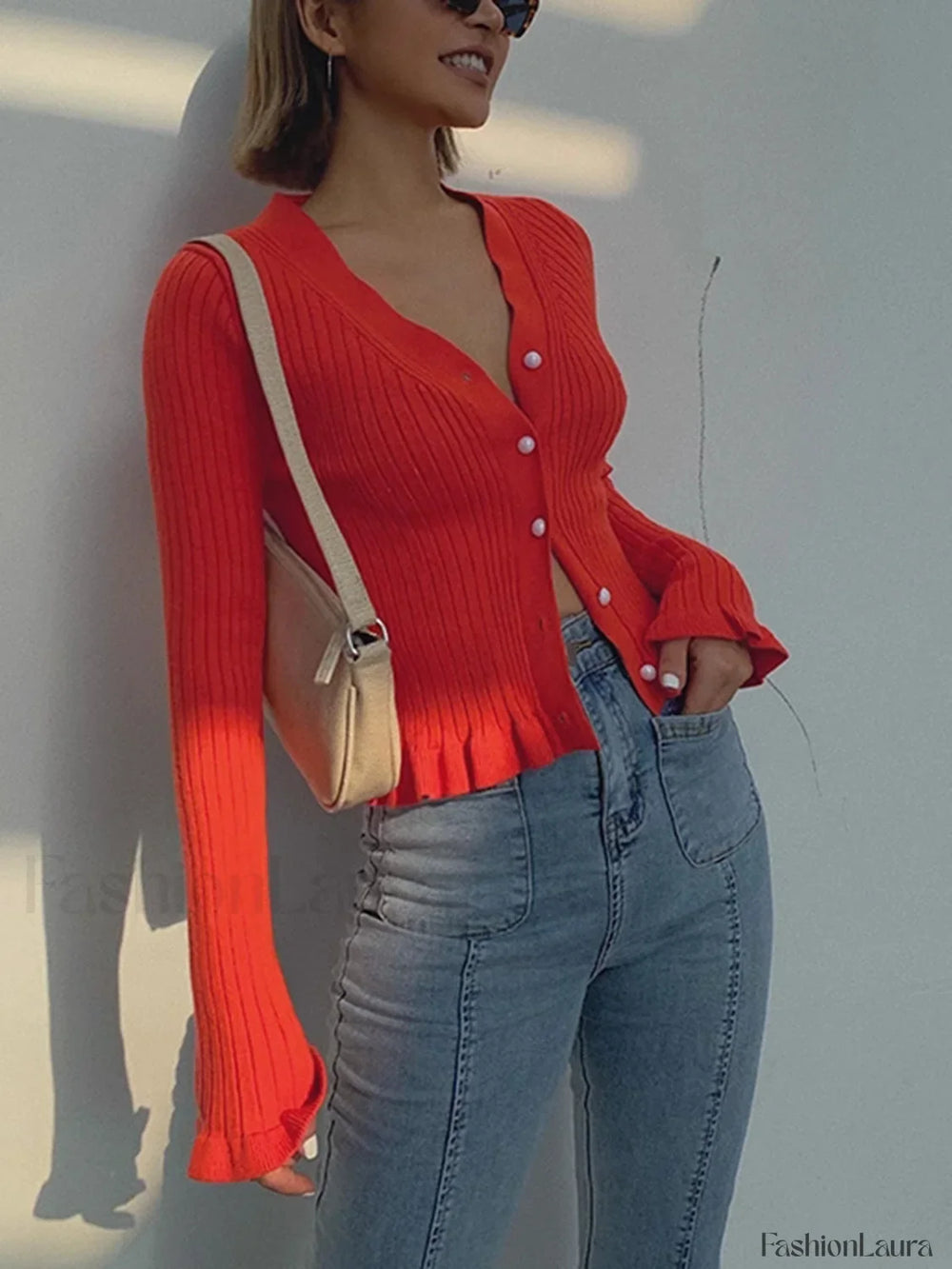 Ruffled Trim Pearl Trendy Button Long Sleeve Cardigan Sweaters L