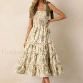 Ruffled Wide Strap Midi Dress Green / S