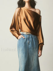 Satin Asymmetrical Cold Trendy Shoulder Tied Blouse Blouses
