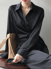 Satin Belted Long Sleeve Shirt Midi Dress Midi Dresses