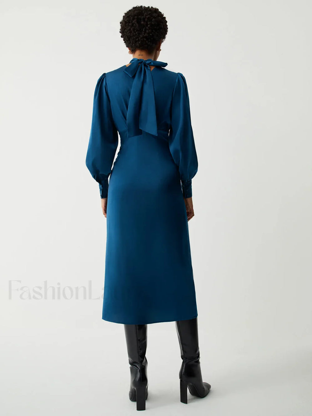 Satin Mock Neck Tie Modern Back Long Sleeve Midi Dress Dresses