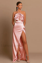 Satin One Shoulder Split Maxi Dress Flesh / S