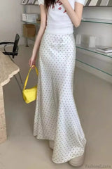 Satin Polka Dot High Waist Mermaid Skirt White / S