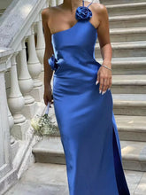 Satin Rose Decor Asymmetrical Modern Open Back Maxi Dress Party Dresses L