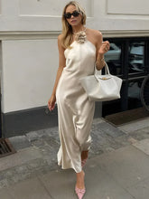 Satin Rosette Decor Halter Midi Dress Apricot / XS Dresses