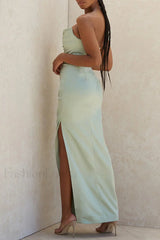 Satin Tube Top Halter Split Knee Length Sexy Evening Maxi Dress