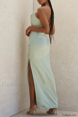 Satin Tube Top Halter Split Knee Length Sexy Evening Maxi Dress