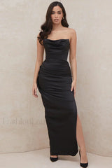 Satin Tube Top Halter Split Knee Length Sexy Evening Maxi Dress Black / S
