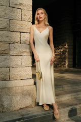 Satin V Neck Backless Solid Strappy Maxi Dress Apricot / S