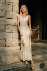 Satin V Neck Backless Solid Strappy Maxi Dress Apricot / S