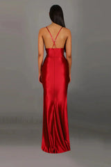 Satin V Neck Waist Split Halter Suspender Maxi Dress