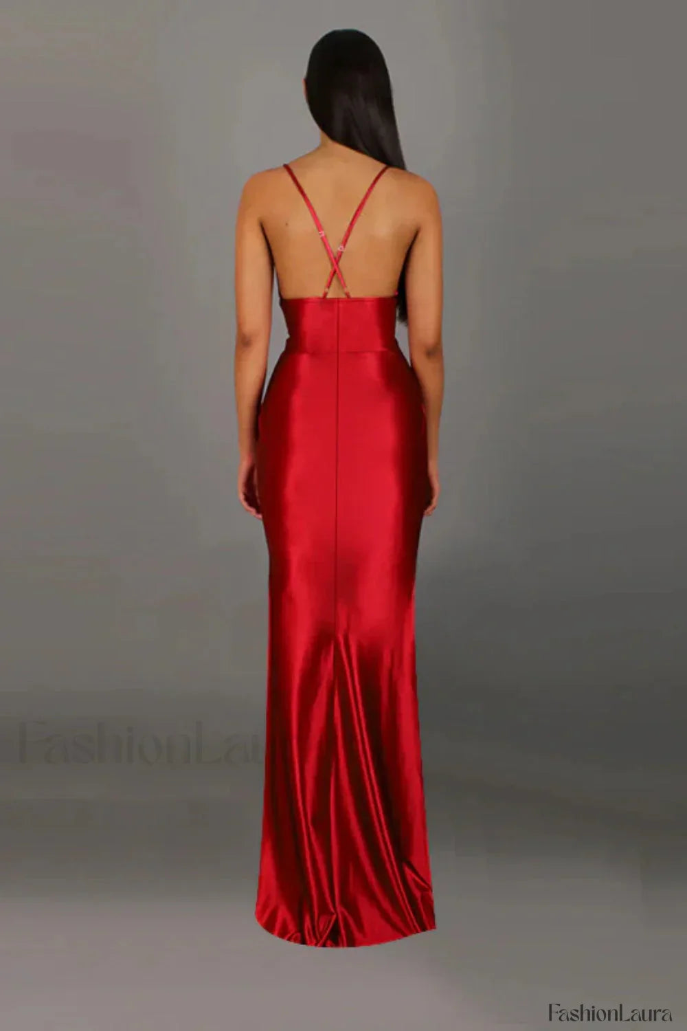 Satin V Neck Waist Split Halter Suspender Maxi Dress