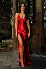 Satin V Neck Waist Split Halter Suspender Maxi Dress