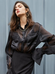 See Through Pocket Trendy Long Sleeve Collar Shirt Black / XS Shirts